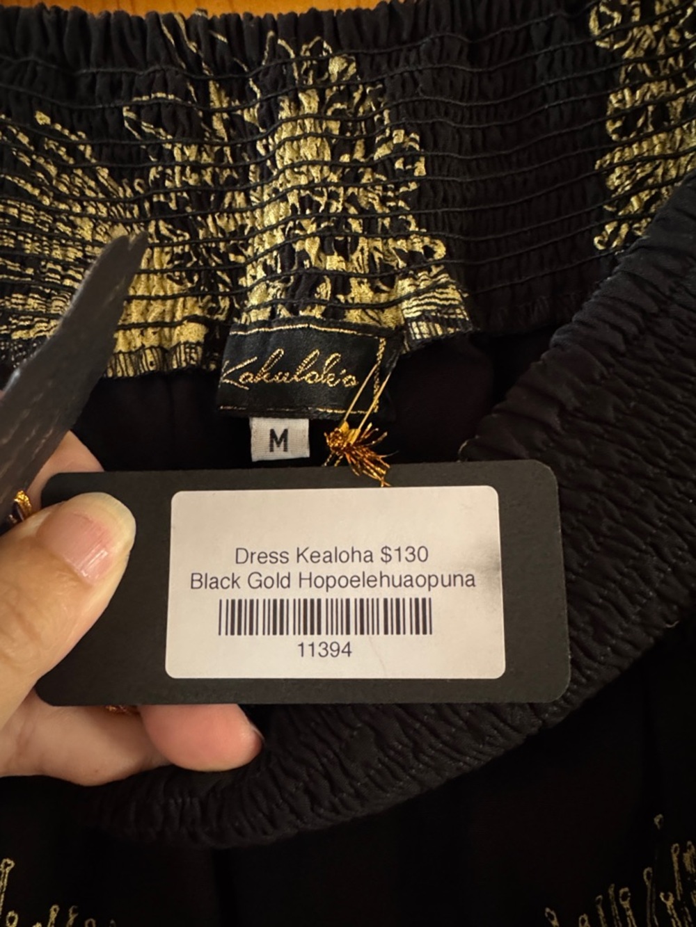 Off-Shoulder Strapless Black Dress with Gold Floral Print - Picture 3 of 4